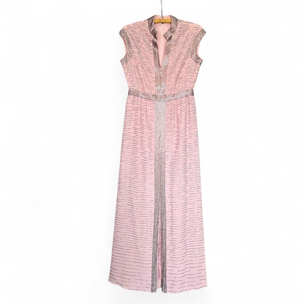 Vintage 1960s Malcolm Starr Beaded Evening Gown Pink Column Dress Hong Kong 10